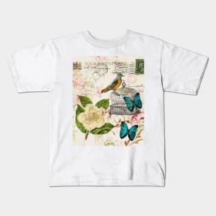 Shabby Chic spring butterfly french rose botanical floral Kids T-Shirt